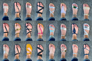 Collage of 24 barefoot sandals with different strap styles and colors shown from top view on feet