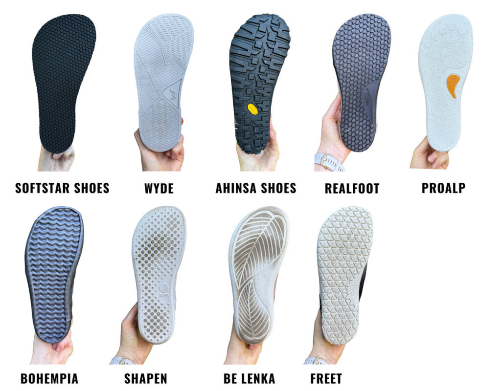 A comparison of the sole shapes of different wide and extra-wide barefoot brands.