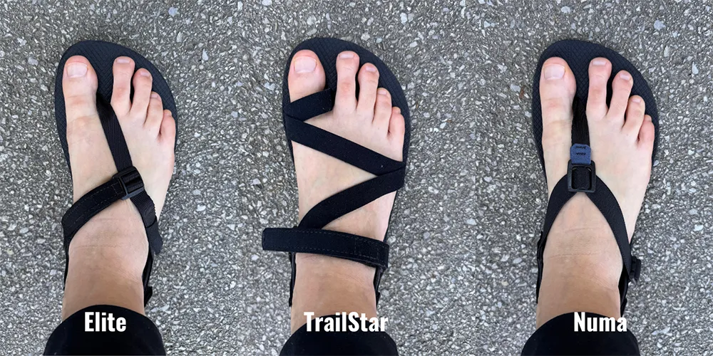 Top view comparison of three Shamma barefoot sandal models—Elite, TrailStar, and Numa—worn on feet standing on pavement
