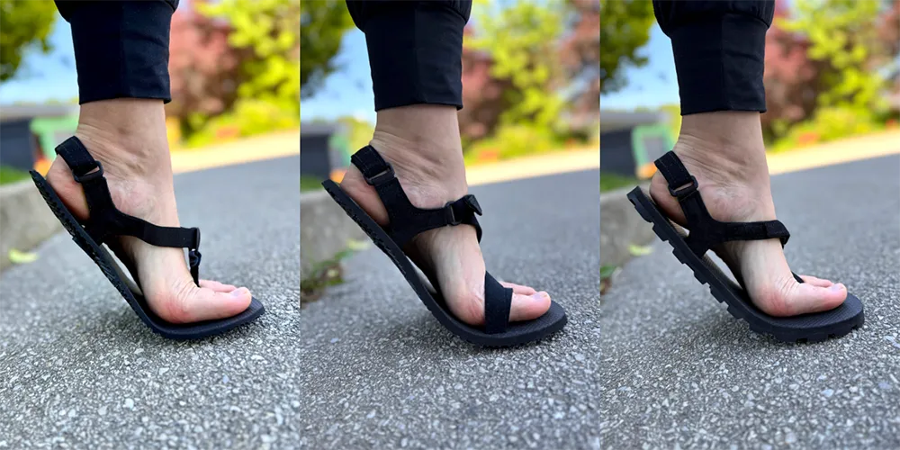 Side view comparison of three Shamma barefoot sandals with different sole thicknesses, showing feet mid-step on pavement