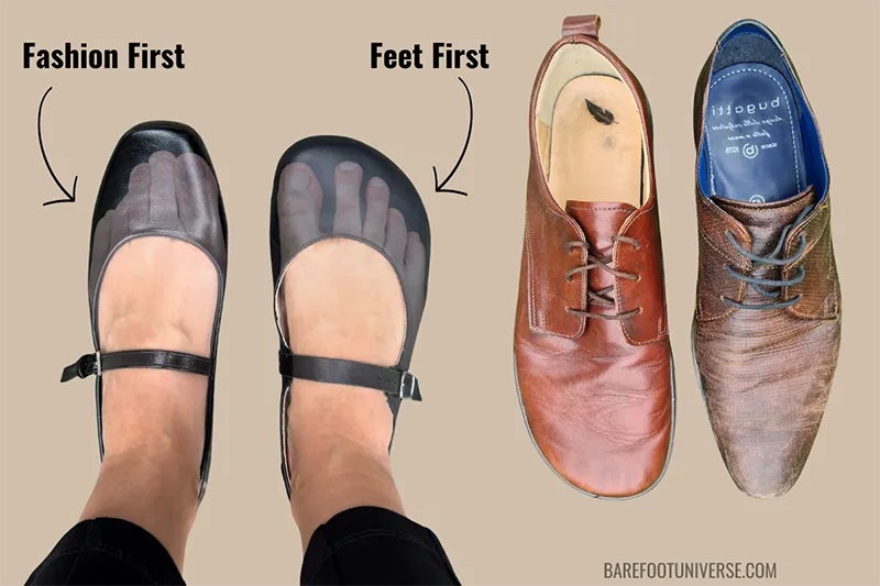 Side-by-side comparison of traditional dress shoes with narrow toe boxes labeled "Fashion First" and barefoot dress shoes with wide toe boxes labeled "Feet First," showing the difference in toe space and foot shape.