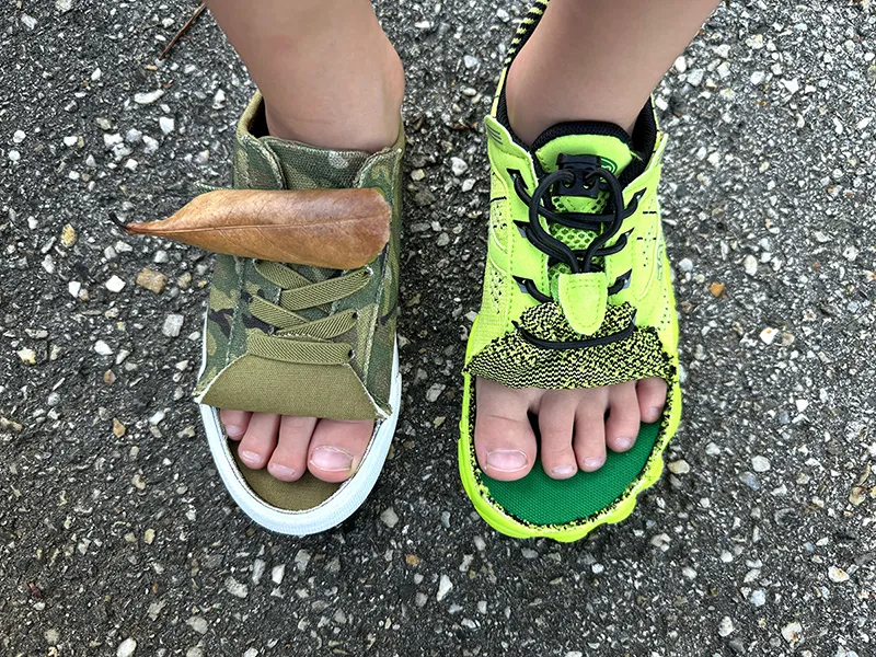 Kids barefoot shoes showing wide toe box with toes visible