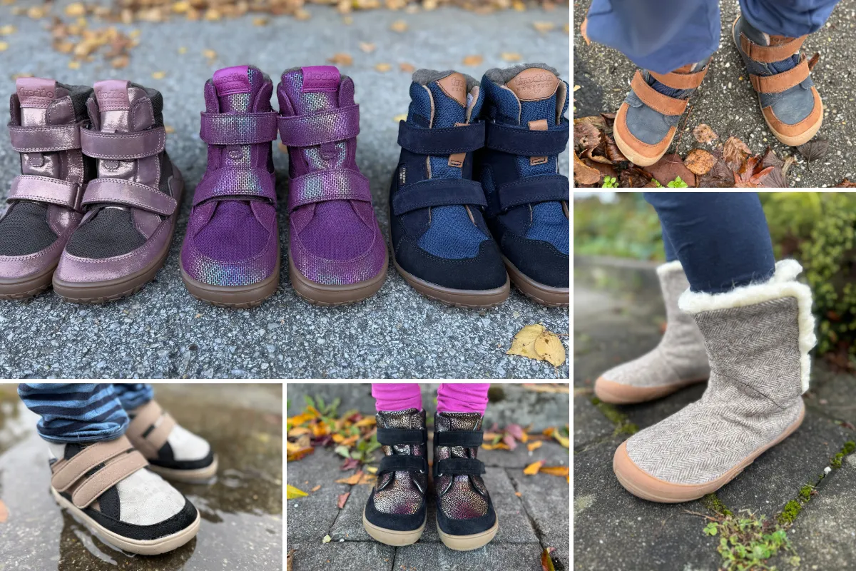 Collage of kids barefoot boots