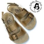 Brown leather barefoot sandals with buckle straps, product photo